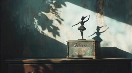 An old, dusty music box sitting on a gothic-style dresser, its lid slightly open, with an ornate ballerina inside casting a long shadow on the wall behind.