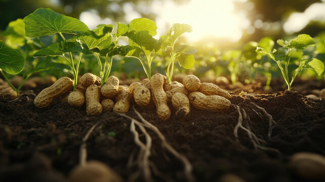 A bunch of peanuts are growing in the dirt. The peanuts are surrounded by their roots. The peanuts are scattered throughout the dirt