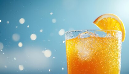 Refreshing orange drink with ice, garnished with a slice of orange on a blue background.