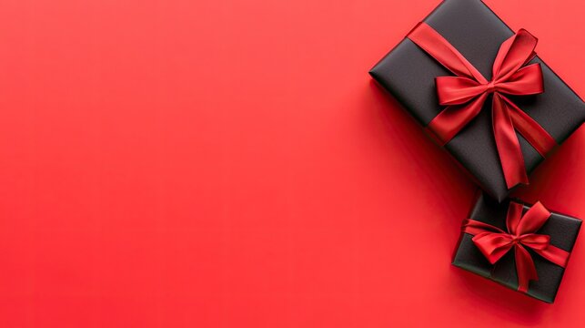 A black gift box adorned with a vibrant red ribbon is placed on a textured gray surface, perfect for Black Friday promotions and festive gifting ideas