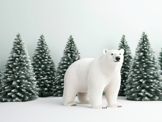 Polar Bear Among Christmas Trees in Winter Scene