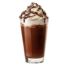 Delicious chocolate milkshake topped with whipped cream and chocolate drizzle. transparent background