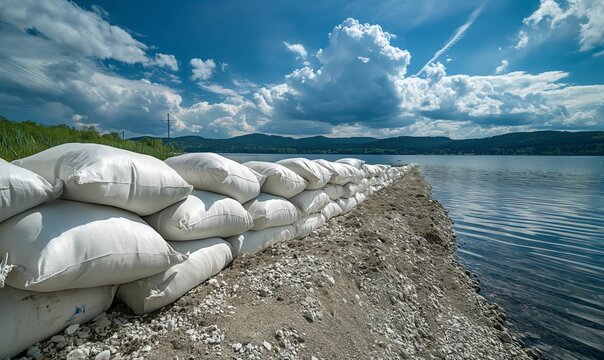 Sandbags along a riverbank for flood protection, cloudy sky and calm water in the background
