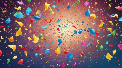 Multicolored confetti exploding from a bright light source