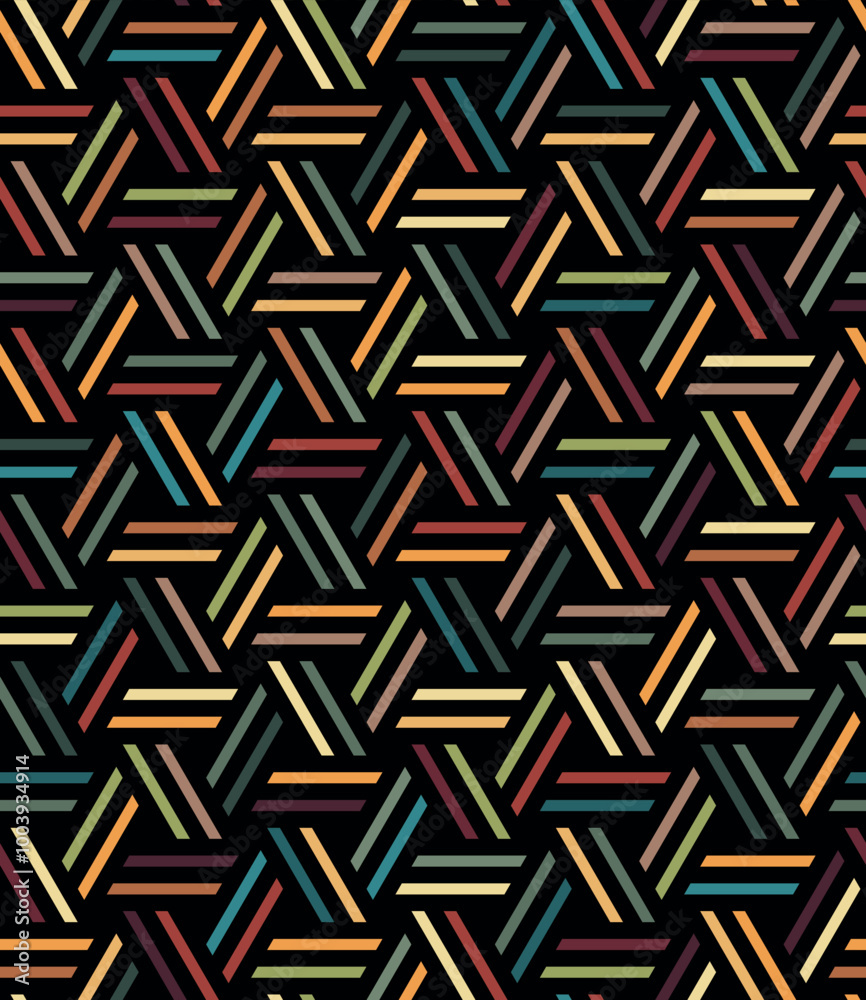 Wall mural Geometric composition with multicolored striped triangles on a black background. Stripes in green, yellow, red, and blue. Abstract modern style. Seamless repeating pattern. Vector illustration.