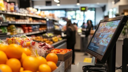 Close-up of fresh oranges stacked in a box at a checkout counter in a supermarket.