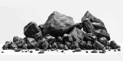Pile of black coal rocks isolated on white background, natural mineral resources used for energy and fuel production
