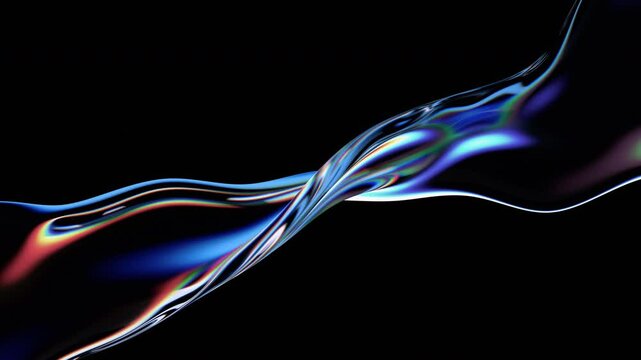 Abstract animation, iridescent wavy shape on black background, 4k looping video, 3d render