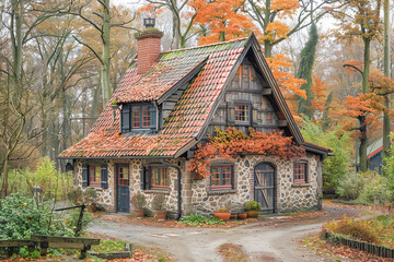Fototapeta premium Picturesque cottage surrounded by autumn colors in the forest