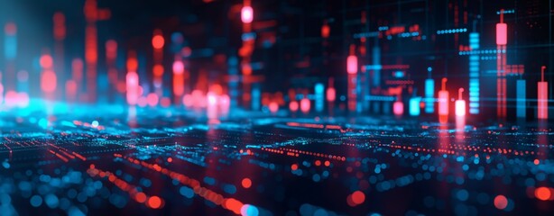 Futuristic digital data visualization with glowing graphs and binary code, technology background for financial analysis and big data
