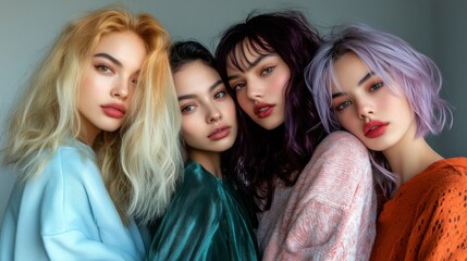 Fototapeta premium Four women with different hair colors and makeup styles are posing for a photo