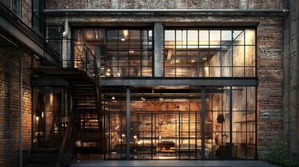 An industrial style facade with exposed brick and steel