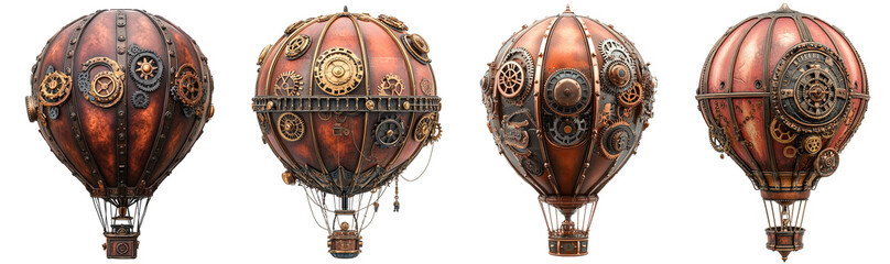Vintage steampunk hot air balloons with intricate gears and details transparent background