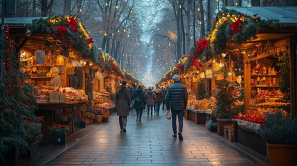 Fototapeta premium Charming Christmas market with festive lights and decorated stalls, people shopping and strolling in a cozy winter atmosphere 