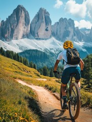 Fototapeta premium Mountain biker riding on scenic trail in the Dolomites, adventure cycling with stunning alpine landscape and rugged peaks 