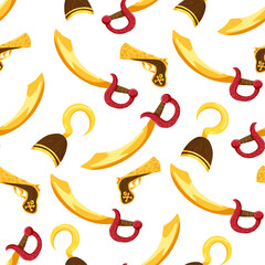 Pirate vector seamless pattern. The pirate sword, hook, pirate revolver on a white background. Cute childish decorative nautical cartoon design. Hand drawn fabric design or package paper.
