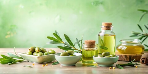 Aromatic olive oil bottles and bowls of fresh green olives with leaves on a rustic wooden table against a green background