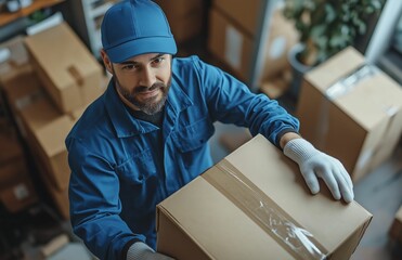 Delivery worker in blue uniform carrying cardboard box, professional courier handling packages for shipment
