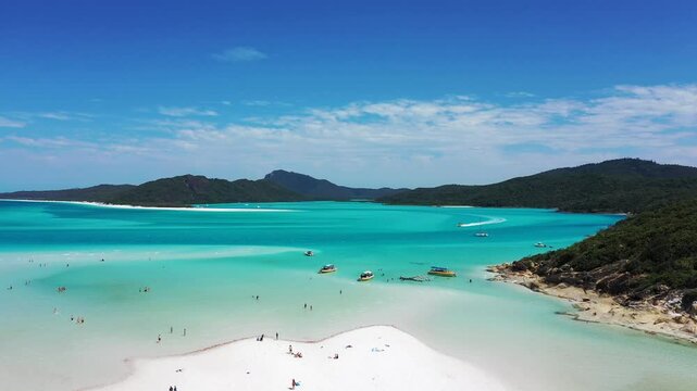 Aerial drone landscape view Whitehaven Beach on Whitsunday Island in tropical north Queensland, Australia. 