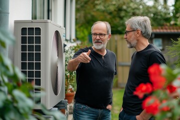 Two men discussing installation of an outdoor heat pump unit, energy-efficient heating solution for...