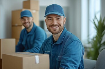Smiling movers in blue uniforms packing boxes, professional moving service team in modern home during relocation
