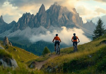 Fototapeta premium Two cyclists mountain biking on scenic trail with breathtaking view of rugged peaks and misty landscape at sunset 
