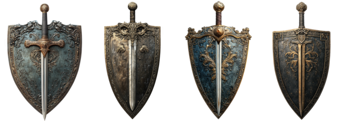 ornate medieval shields and swords decorative patterns transparent background