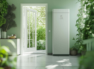 Eco-friendly home interior with modern heat pump and open door to lush garden, sustainable living space with greenery
