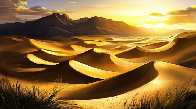 Golden sunset behind rolling sand dunes generated AI