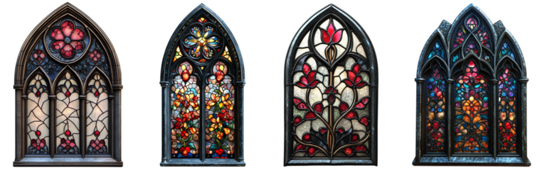 Gothic stained glass windows floral patterns colorful designs transparent background