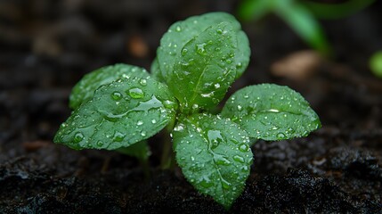 Close up of Lush Green Leaves with Fresh Raindrops on Soil Surface in Natural Habitat
