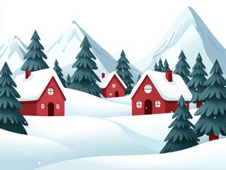 Winter Village Holiday Postcard Style Illustration