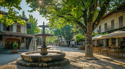 Obraz premium Village Square: The central square of a European village with a fountain and cafes