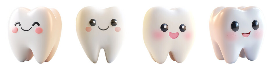 Cute smiling cartoon teeth characters collection transparent background