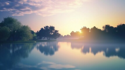 Obraz premium Hazy sunrise over a quiet lake generated AI