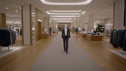 A well-arranged clothing display showcases a gray jacket paired with a white and green shirt. The spacious mall environment highlights casual fashion options effectively