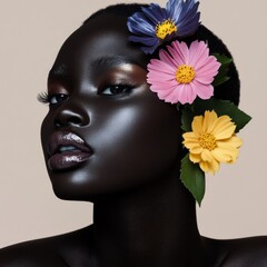 A portrait of a woman with dark skin adorned with colorful flowers in her hair captures a sense of beauty and serenity in harmonious floral accents.