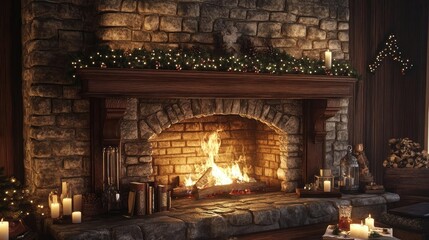 Warm and cozy fireplace scene with candles and festive decorations, perfect for creating a welcoming atmosphere during winter.