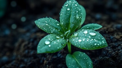 Lush Green Leaves with Glistening Raindrops in Natural Environment