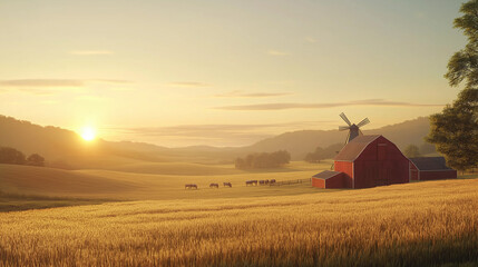 Fototapeta premium A peaceful countryside farm at sunrise, with fields of golden wheat, a red barn,slowly turning, and cows grazing in the distance while the sun rises over rolling hills