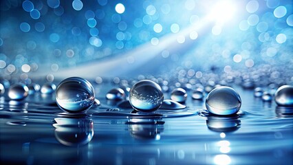 A single large water droplet sits on the surface of a still blue pond, surrounded by smaller droplets, reflecting the light of the sun above, creating a mesmerizing display of water and light.