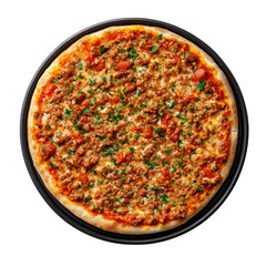 Delicious pizza with meat and herbs on a black tray, isolated on white background. transparent background