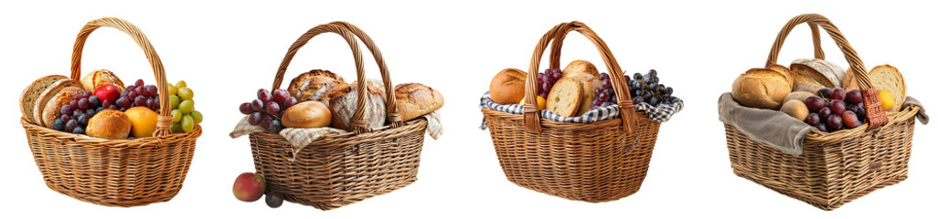 wicker baskets filled with fruits and breads showcasing variety transparent background