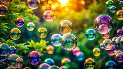 Naklejka premium Sunlight illuminates a field of iridescent bubbles, their delicate surfaces reflecting a kaleidoscope of colors and shimmering with light.