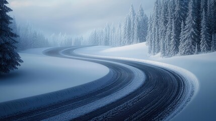 Fototapeta premium Winding road through snow-covered trees in a serene winter landscape.