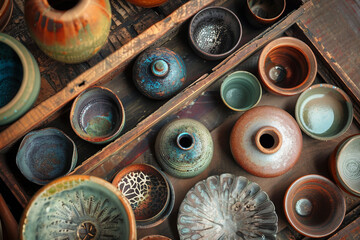 Fototapeta premium Generative AI photo craftsman shaping clay pot on spinning wheel in pottery studio surrounded by ceramic pieces