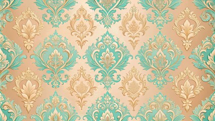 Seamless vintage pattern with delicate teal and gold floral designs on a warm, textured background