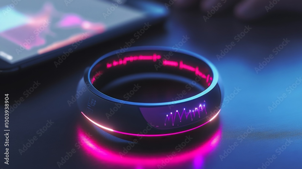 Fototapete A smart bracelet emits colorful light patterns while resting beside a smartphone on a modern table. The setting features a dimly lit environment, showcasing the high-tech design and functionality.