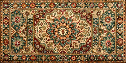A symmetrical rug pattern with intricate floral motifs, showcasing an elegant design with vibrant colors and geometric elements, exhibiting a timeless style that reflects cultural heritage.