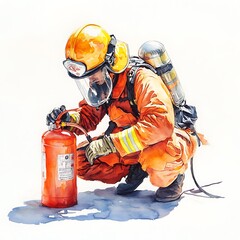 Obraz premium Watercolor Illustration of a Firefighter in Full Gear with a Fire Extinguisher.
